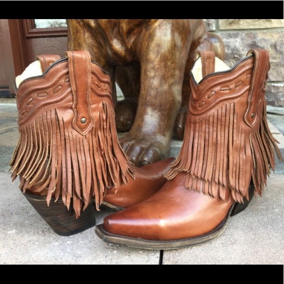 Vintage CORRAL FRINGED Ankle BOOTS Chestnut Brown 6.5M Hippie BOHO Cowgirl